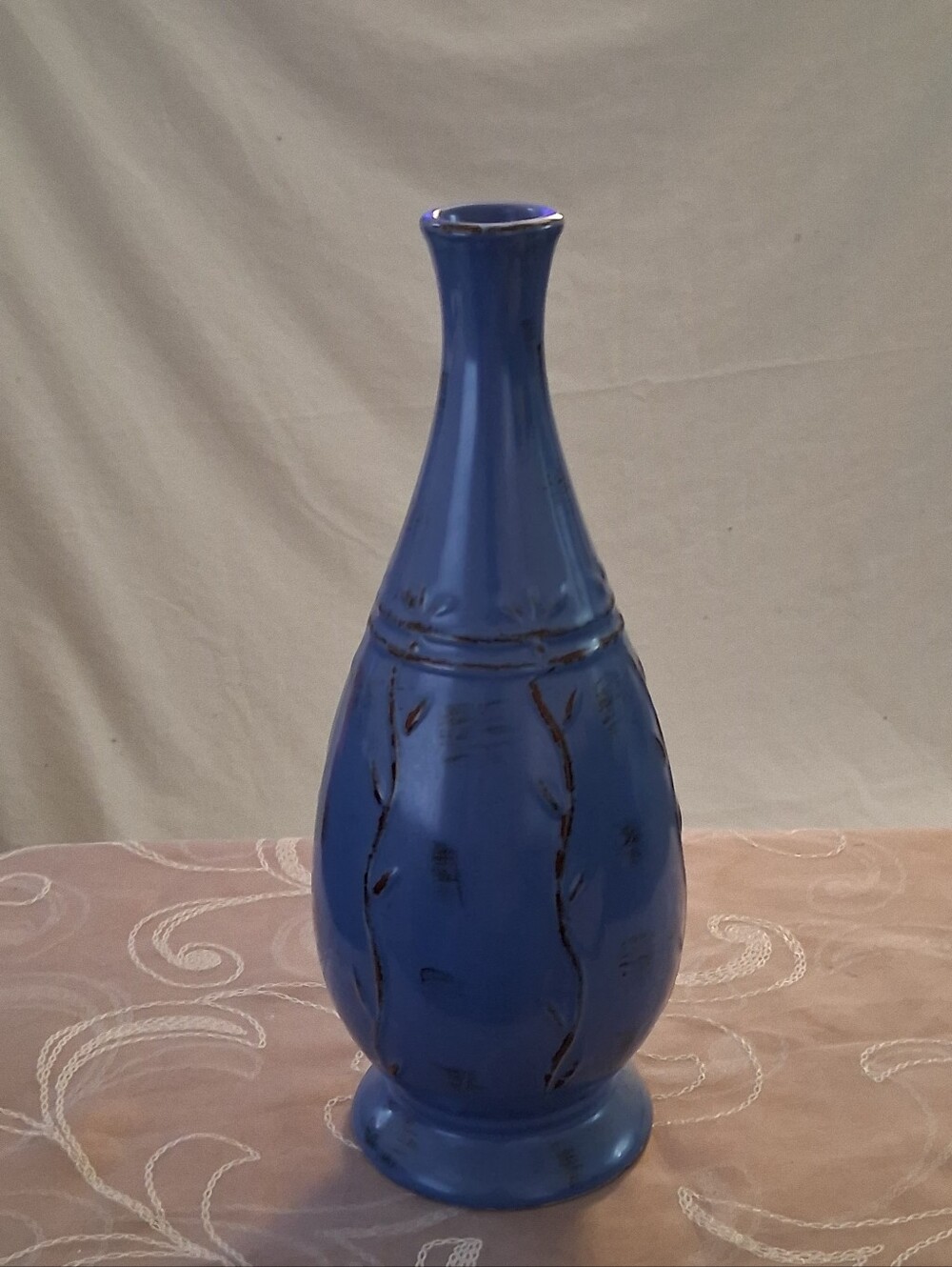 Vintage Style Nantucket Blue Ceramic Vase W/Vine Motifs